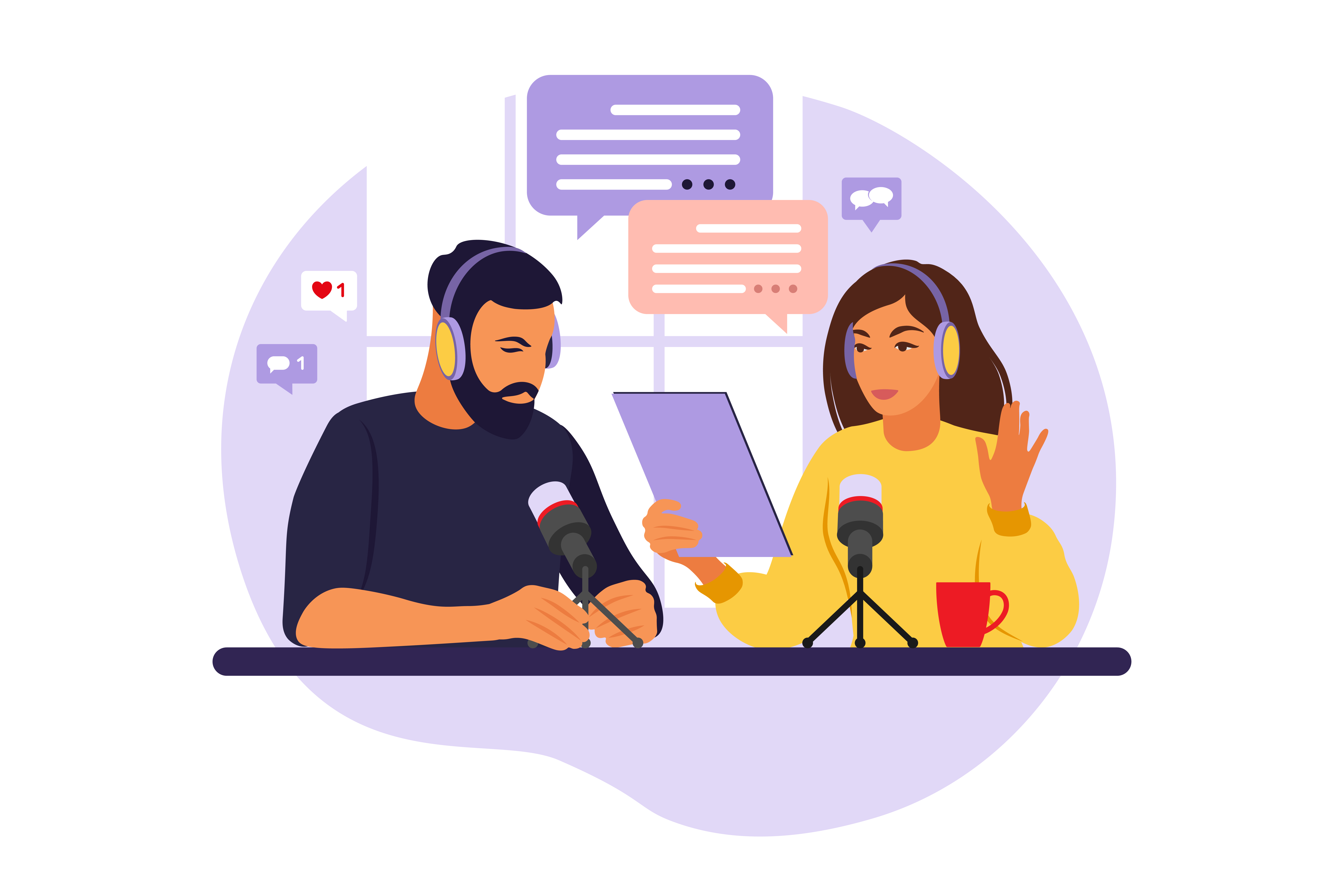 Podcast business - Man and woman recording podcast purple